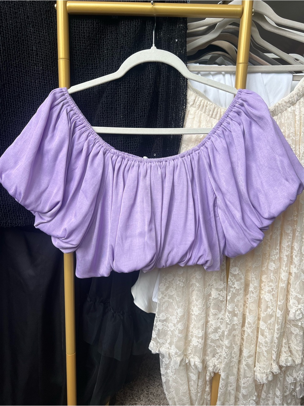 Dittos Lilac Off-Shoulder Puff Sleeve Crop Top
